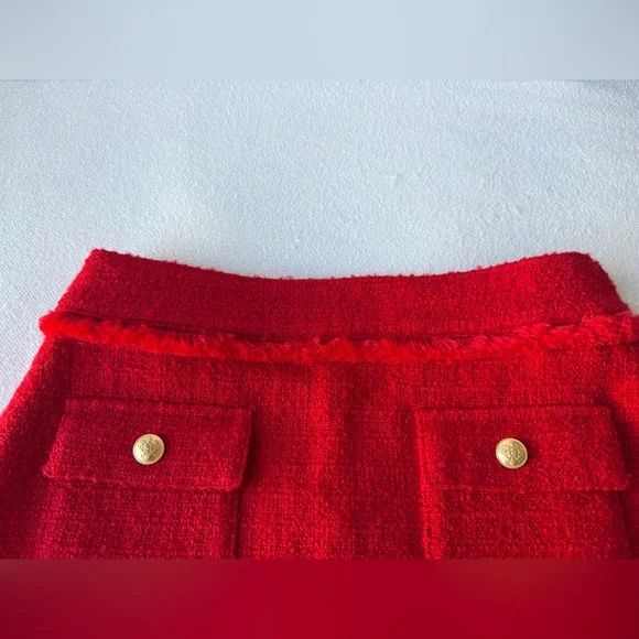 J.Crew Red Tweed Mini Skirt Gold Button Pockets Fringe Trim Classic Parisian - Picture 5 of 15